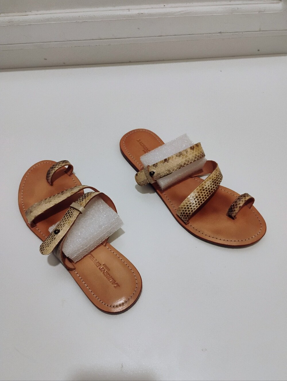 Laurent Effel Women's Snake Skin Leather Sandals With Toe Strap Size 39